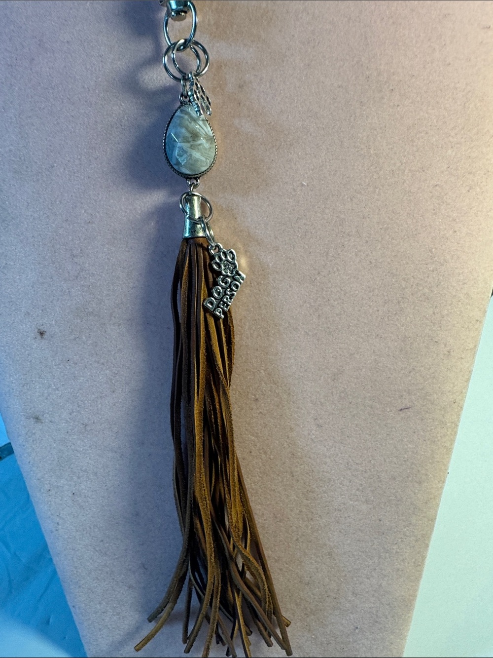 Hand Crafted Brown Tassel Key/Purse with Stone Charm 8”